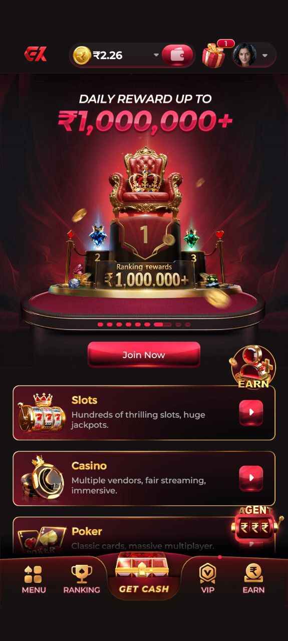 “EK7 game app home screen showing daily rewards, slots, casino, and poker options”
