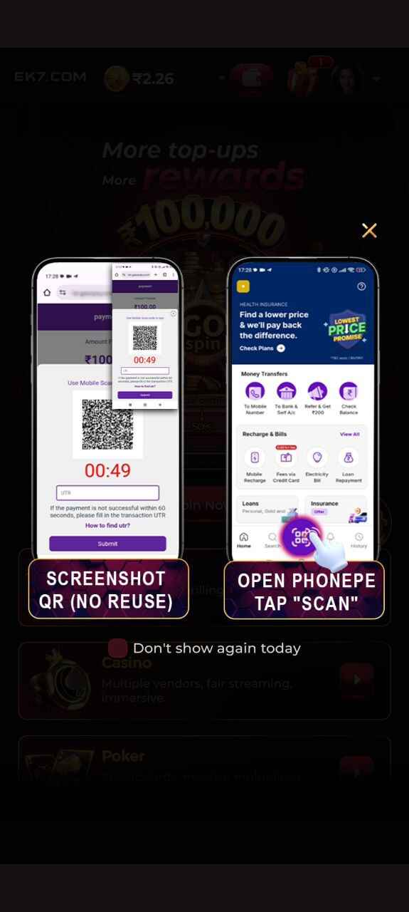 “EK7 game payment screen showing QR scan instructions for in-app transactions”