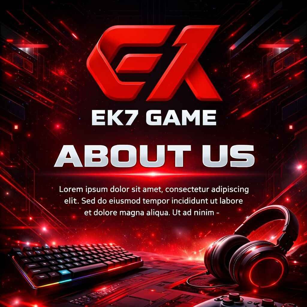 EK7 Game about us page design with logo and gaming theme background