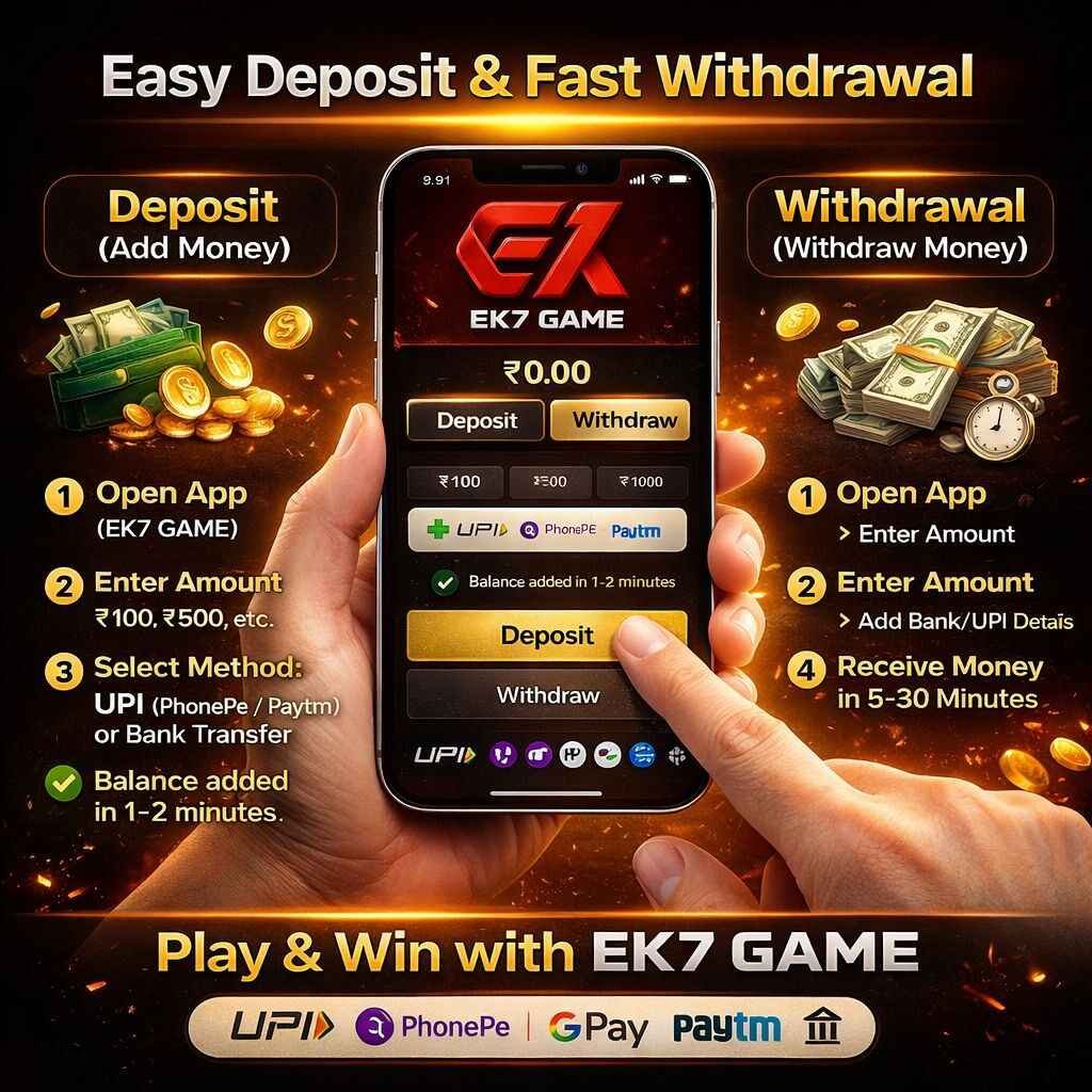 Step-by-step deposit and withdrawal process on ek7app using UPI and bank transfer options